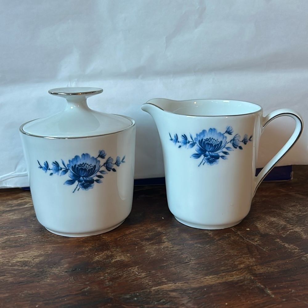 Vintage Eschenbach Danish Blue Flower China Sugar Keeper Jar & Creamer